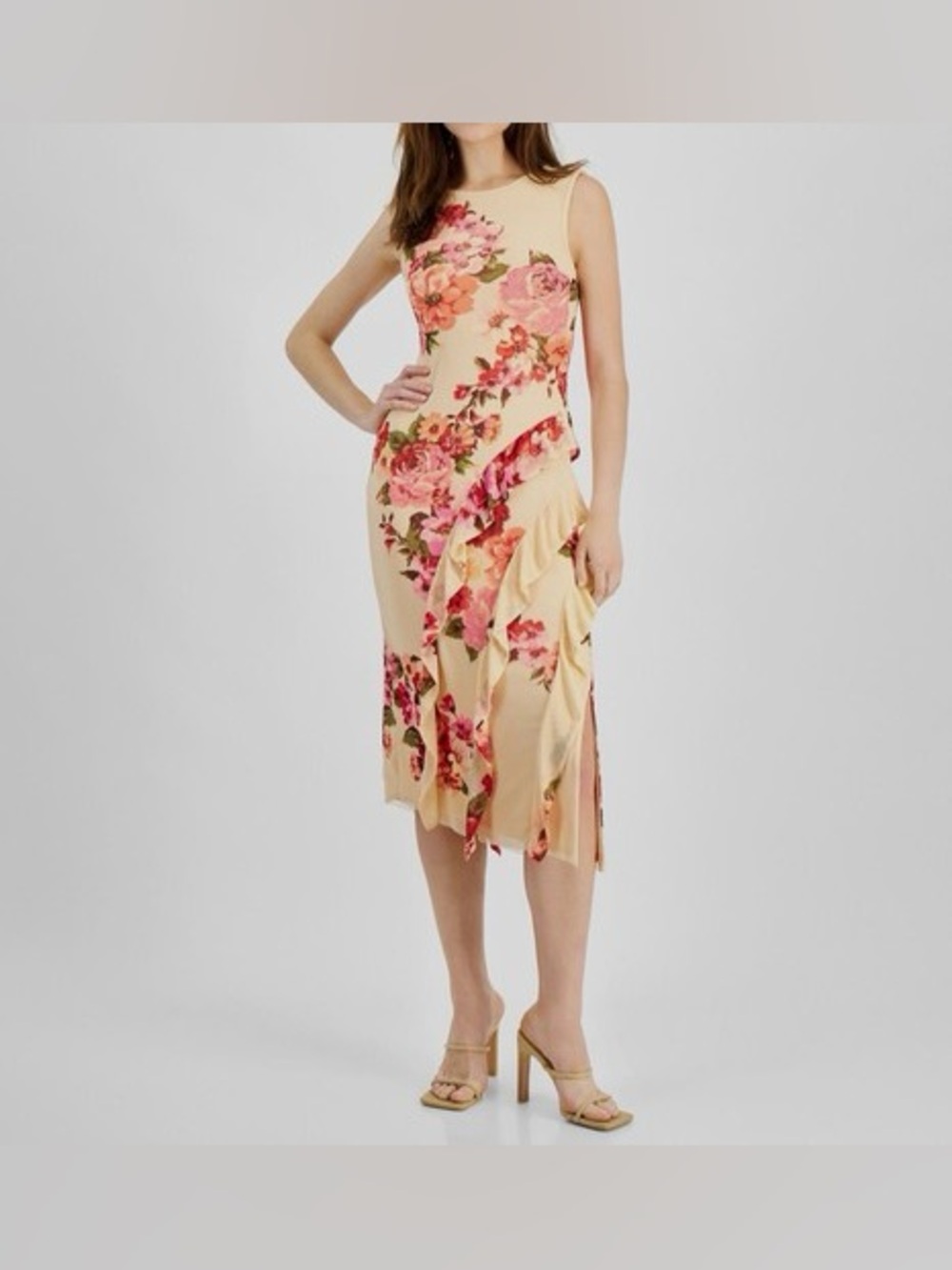 Tinsel Beige Floral Asymmetrical Ruffle Round Neck Midi Dress